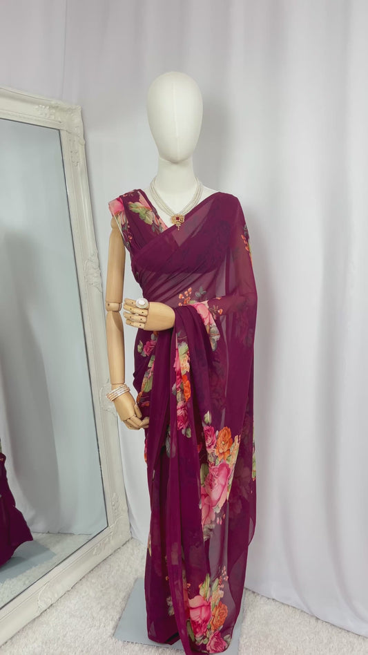 Wine Purple Floral Printed Saree – Chiffon