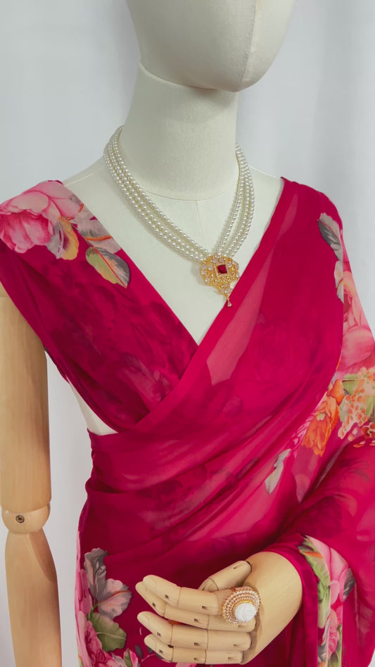 Rani Pink (Bright Fuchsia) Floral Print Chiffon Saree