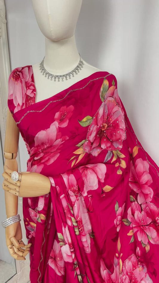 Deep Pink Floral Printed Silk-Finish Saree with Silver Bead Detailing