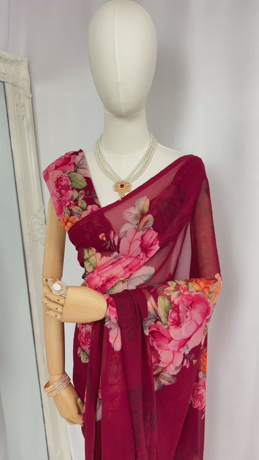 Maroon Floral Printed Saree – Chiffon